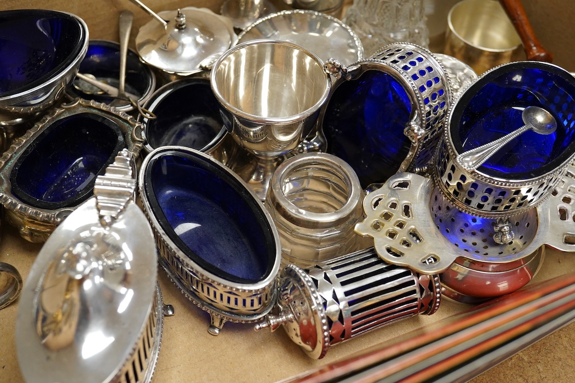 A George V pierced silver three piece condiment set, James Dixon & Sons, Sheffield, 1923/25, together with seven other assorted silver condiments, a silver mounted trinket box, a silver egg cup, a silver mounted glass sa